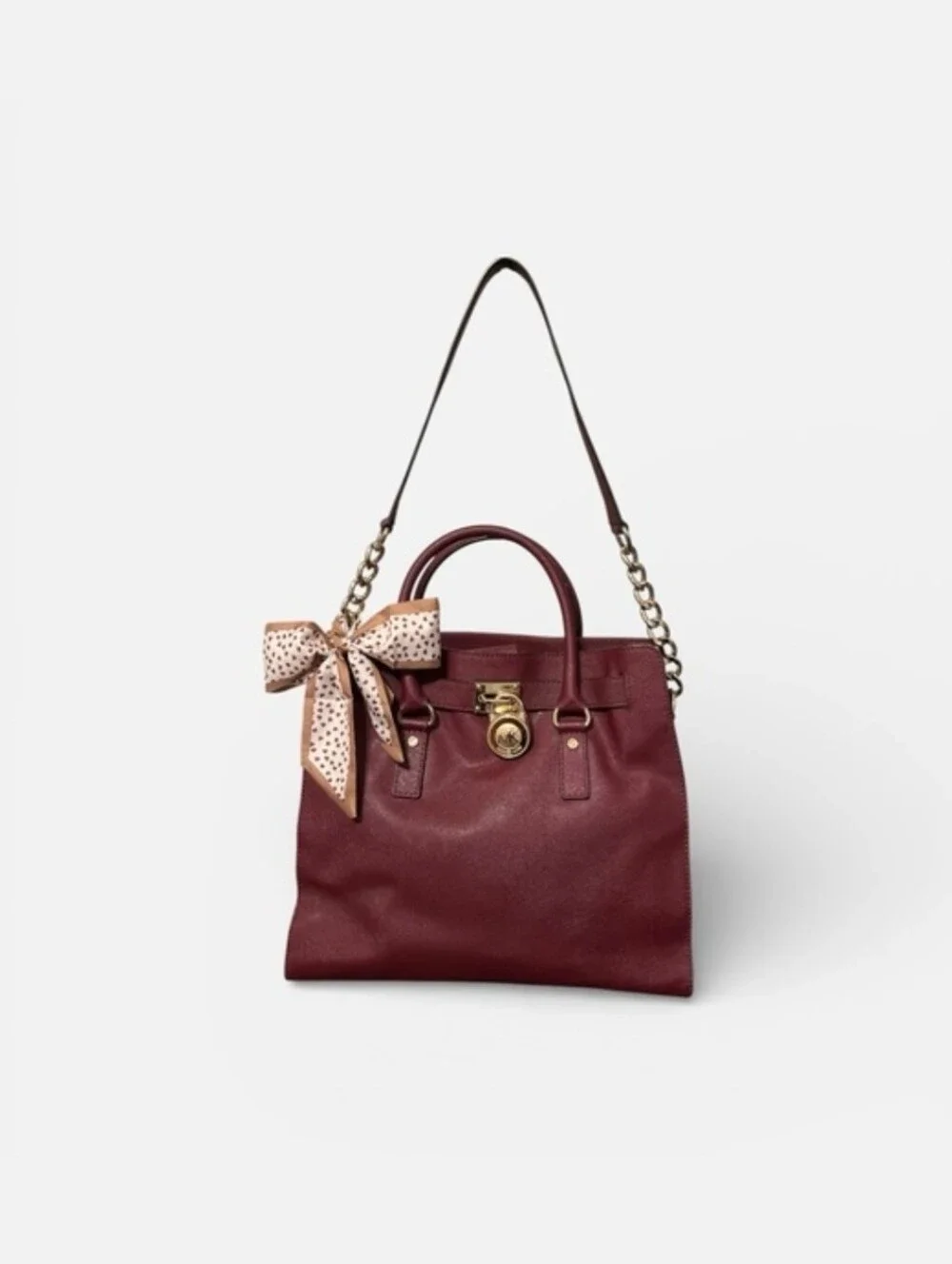 Michael Kors Hamilton Large Saffiano Leather Tote Bag Merlot Burgundy Gold